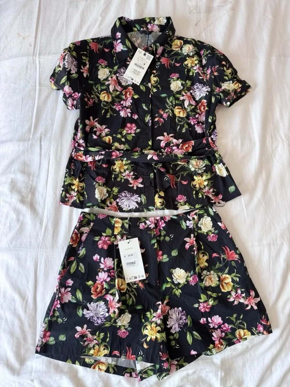 Zara Floral Print Button-Down Shirt and High-Waisted Shorts Matching Set